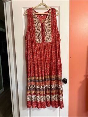 Romantic Gypsy Bohemian Red Printed Sleeveless Maxi Dress 4X
